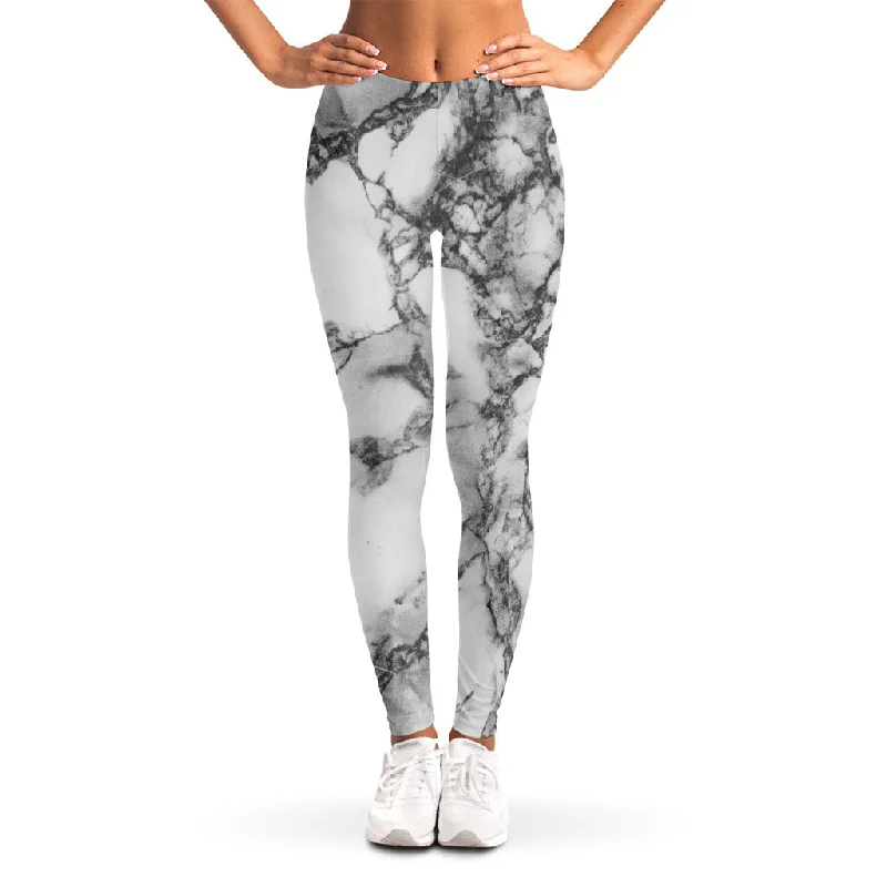 White Dark Grey Marble Print Women's Leggings