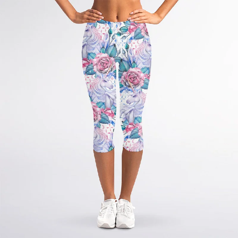 White Fairy Rose Unicorn Pattern Print Women's Capri Leggings