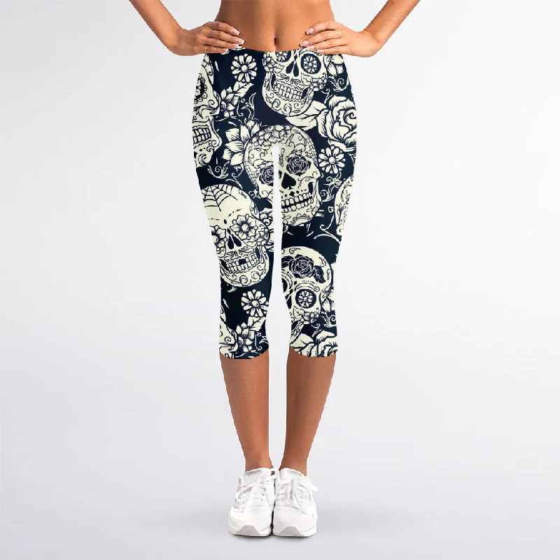 White Floral Sugar Skull Pattern Print Women's Capri Leggings