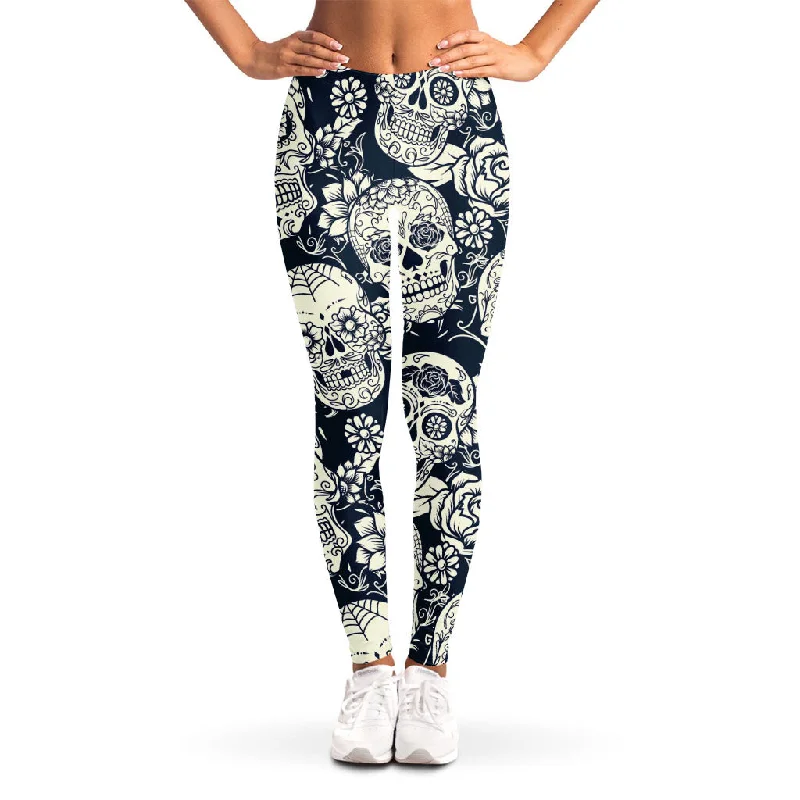 White Floral Sugar Skull Pattern Print Women's Leggings