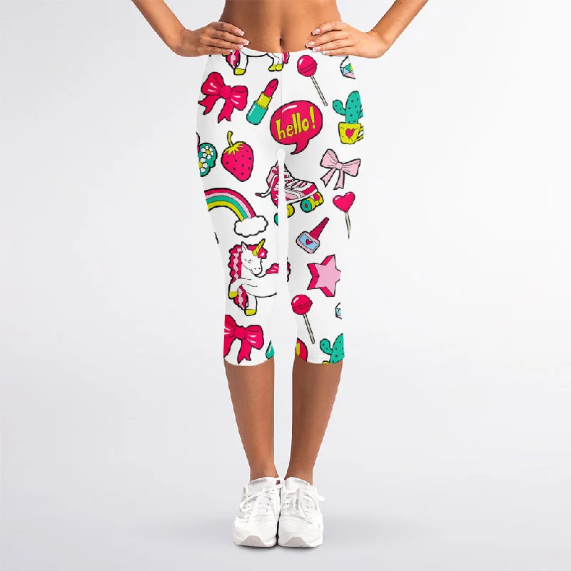 White Girly Unicorn Pattern Print Women's Capri Leggings