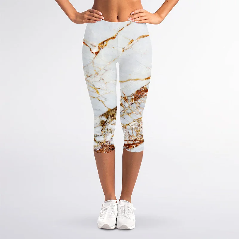 White Gold Grunge Marble Print Women's Capri Leggings