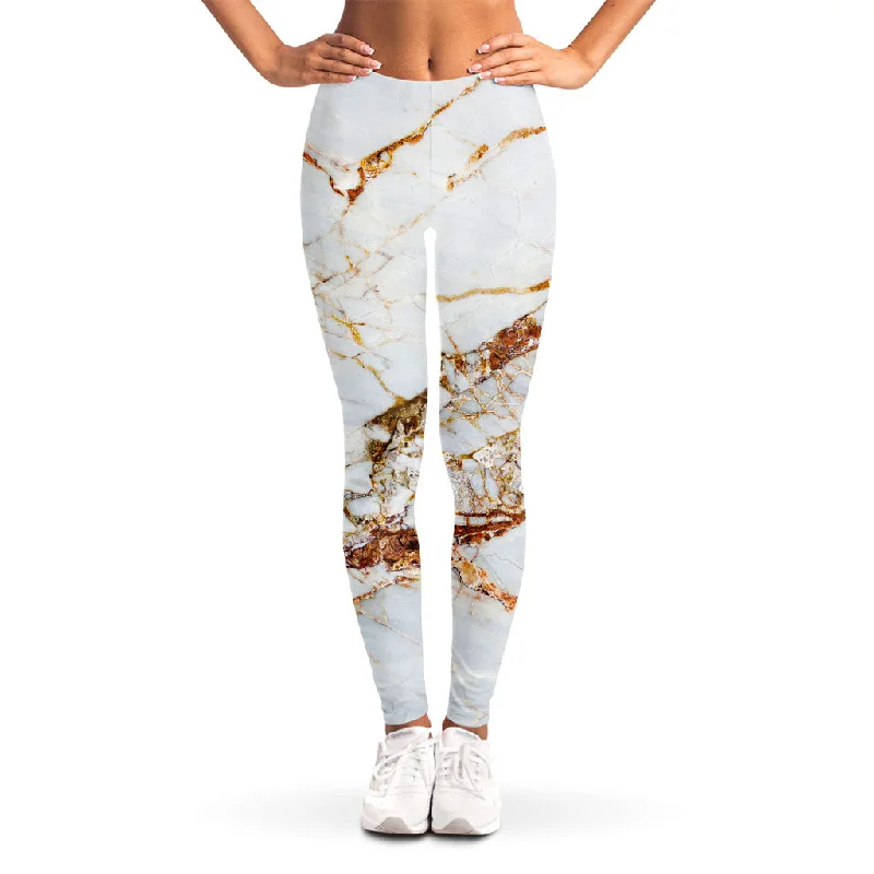 White Gold Grunge Marble Print Women's Leggings