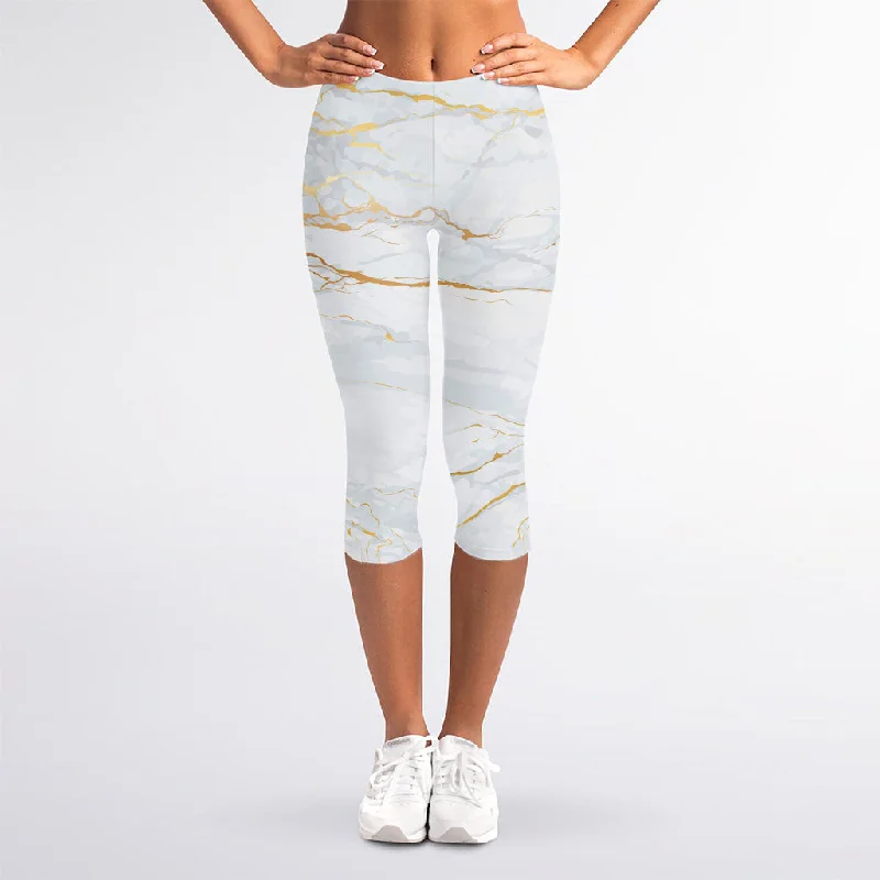 White Gold Scratch Marble Print Women's Capri Leggings