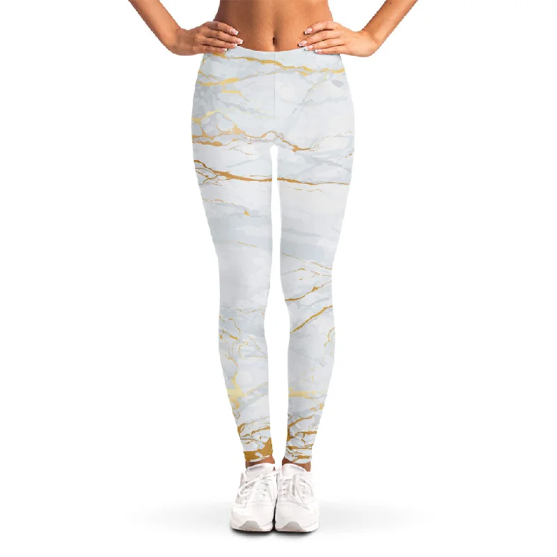 White Gold Scratch Marble Print Women's Leggings