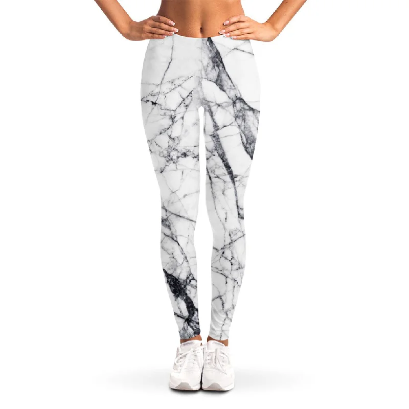 White Gray Scratch Marble Print Women's Leggings