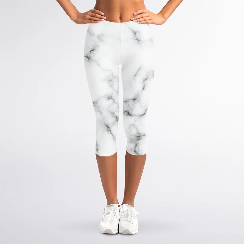 White Grey Smoke Marble Print Women's Capri Leggings