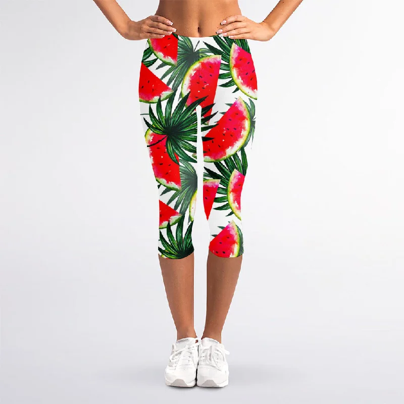 White Palm Leaf Watermelon Pattern Print Women's Capri Leggings