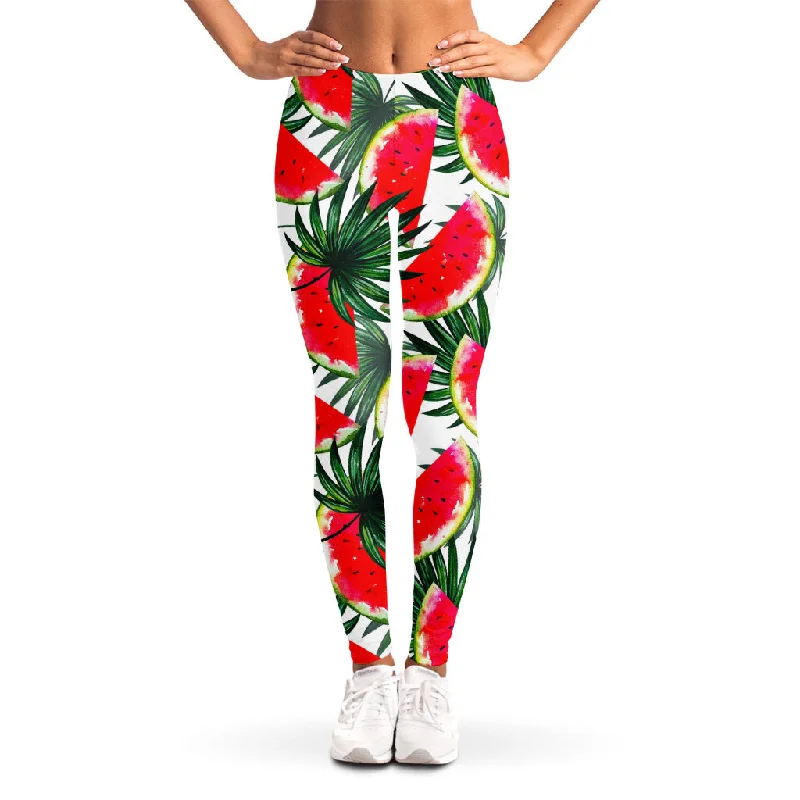 White Palm Leaf Watermelon Pattern Print Women's Leggings