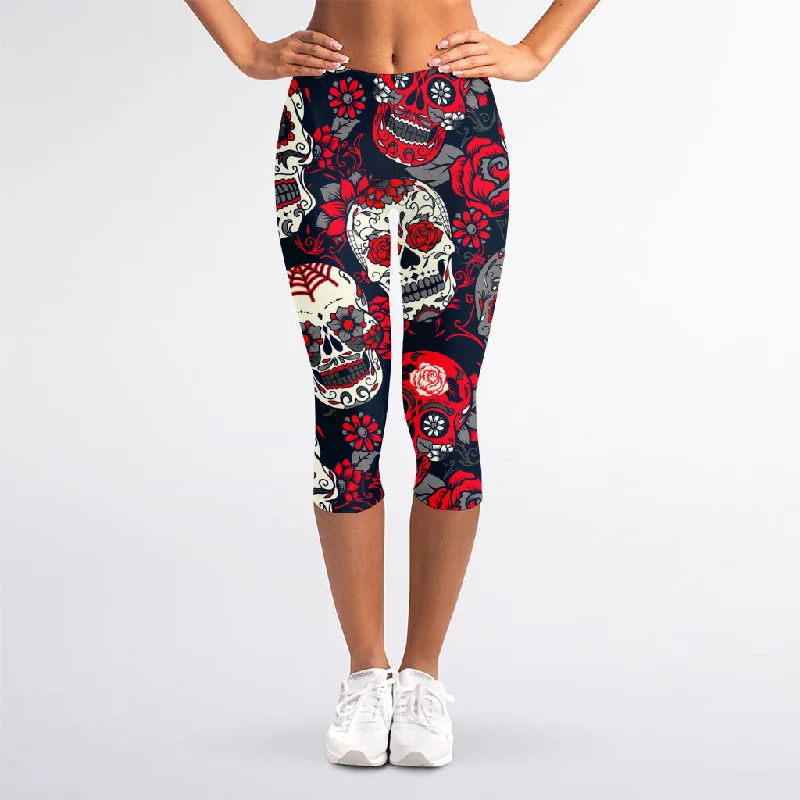 White Red Sugar Skull Pattern Print Women's Capri Leggings