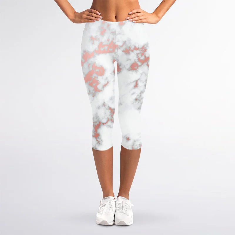 White Rose Gold Marble Print Women's Capri Leggings