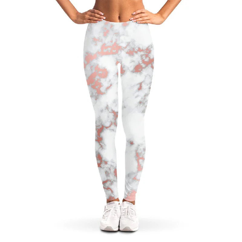 White Rose Gold Marble Print Women's Leggings