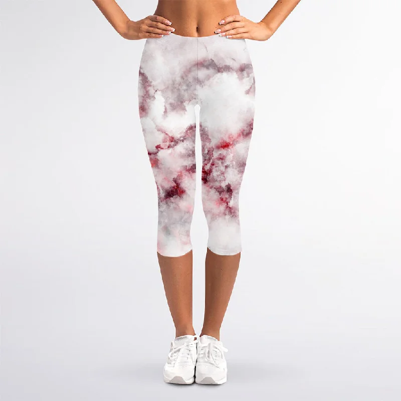 White Ruby Marble Print Women's Capri Leggings