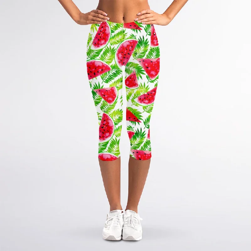 White Summer Watermelon Pattern Print Women's Capri Leggings