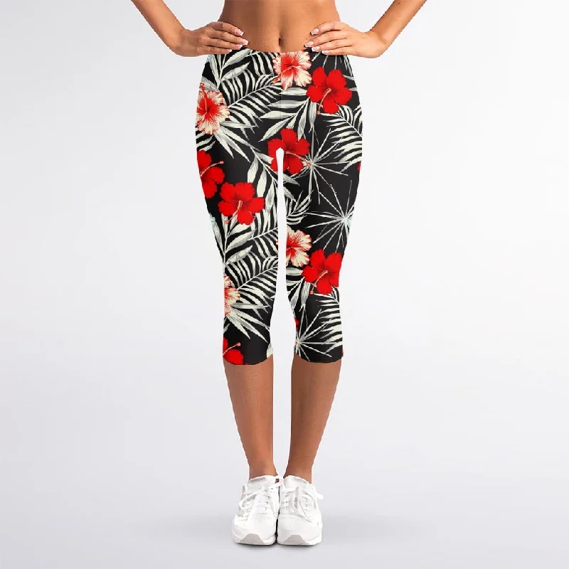 White Tropical Hibiscus Pattern Print Women's Capri Leggings