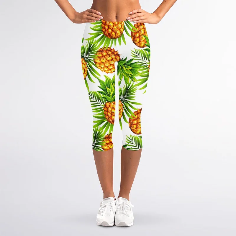 White Tropical Pineapple Pattern Print Women's Capri Leggings