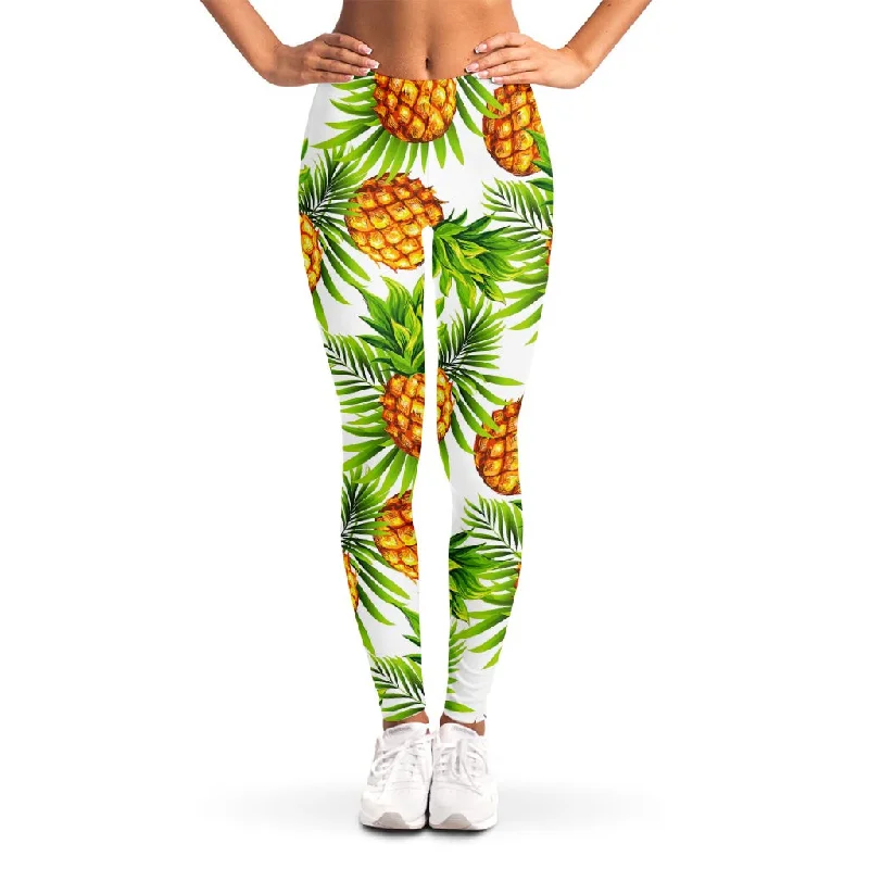 White Tropical Pineapple Pattern Print Women's Leggings