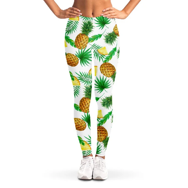 White Watercolor Pineapple Pattern Print Women's Leggings