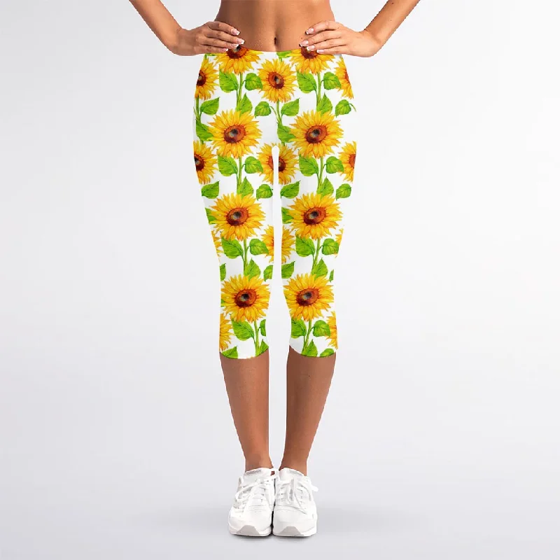 White Watercolor Sunflower Pattern Print Women's Capri Leggings