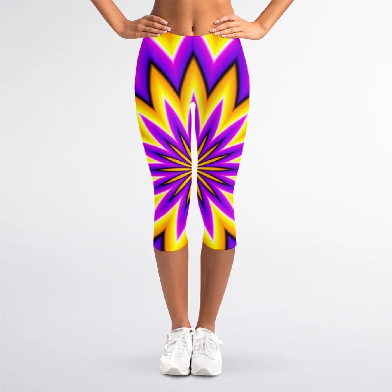 Yellow Flower Moving Optical Illusion Women's Capri Leggings