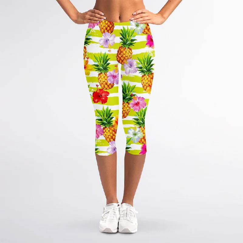 Yellow Striped Pineapple Pattern Print Women's Capri Leggings