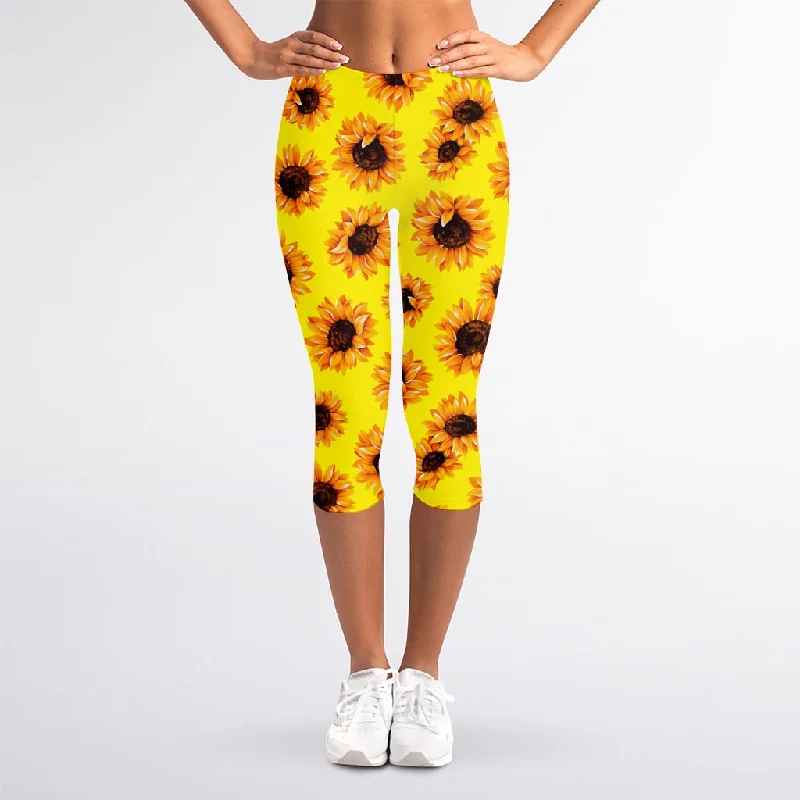 Yellow Sunflower Pattern Print Women's Capri Leggings