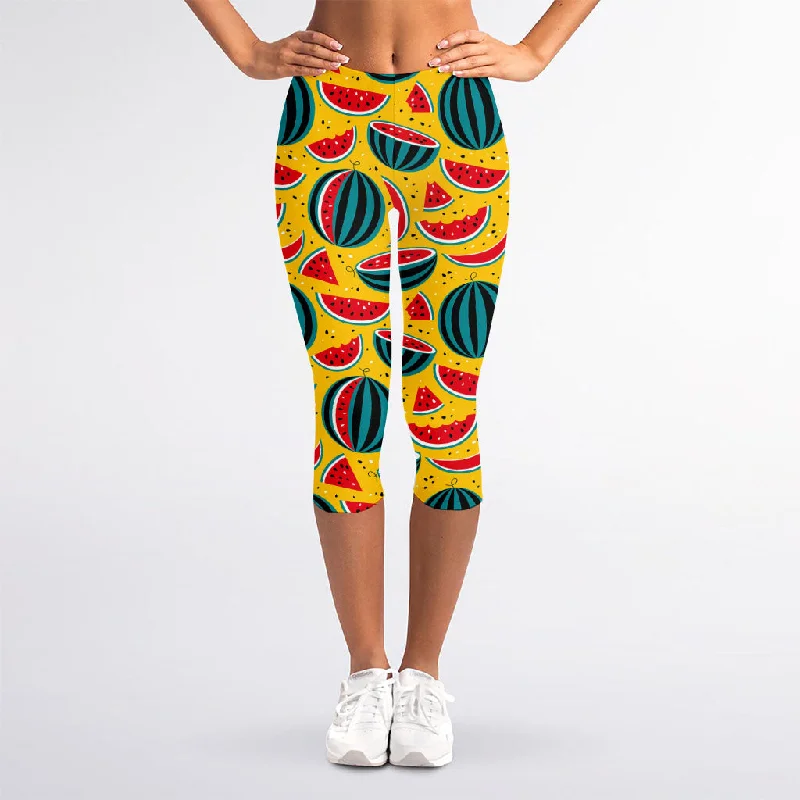 Yellow Watermelon Pieces Pattern Print Women's Capri Leggings