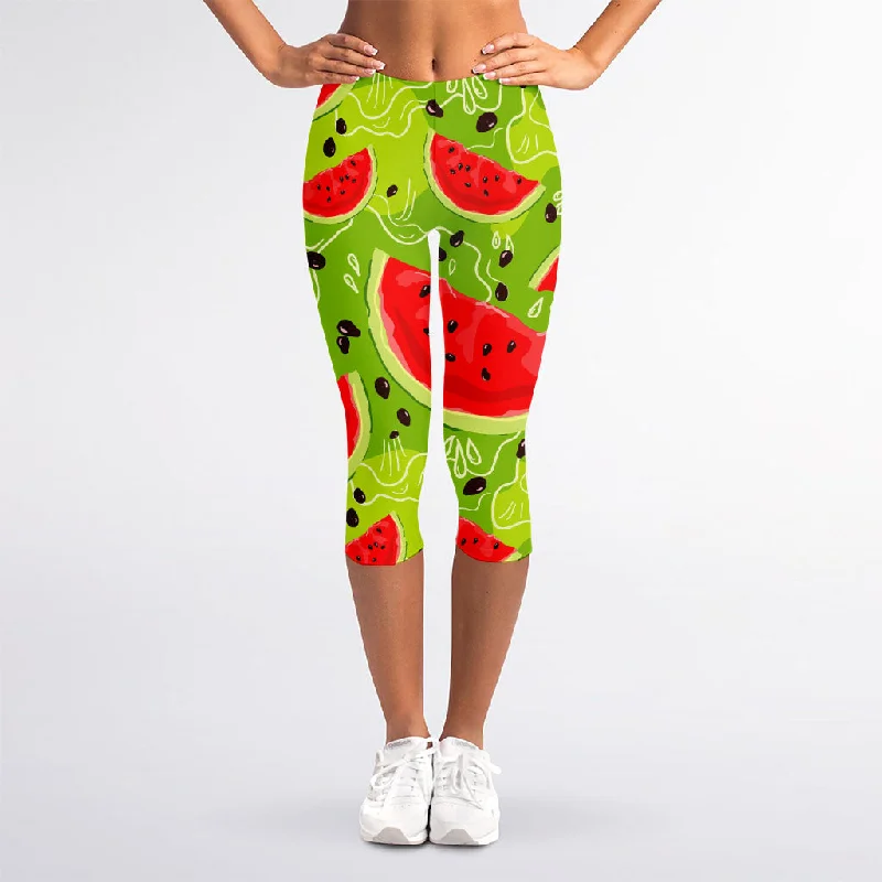 Yummy Watermelon Pieces Pattern Print Women's Capri Leggings