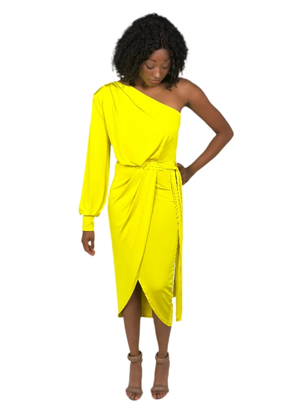 Chartreuse Green One Shoulder Midi Dress