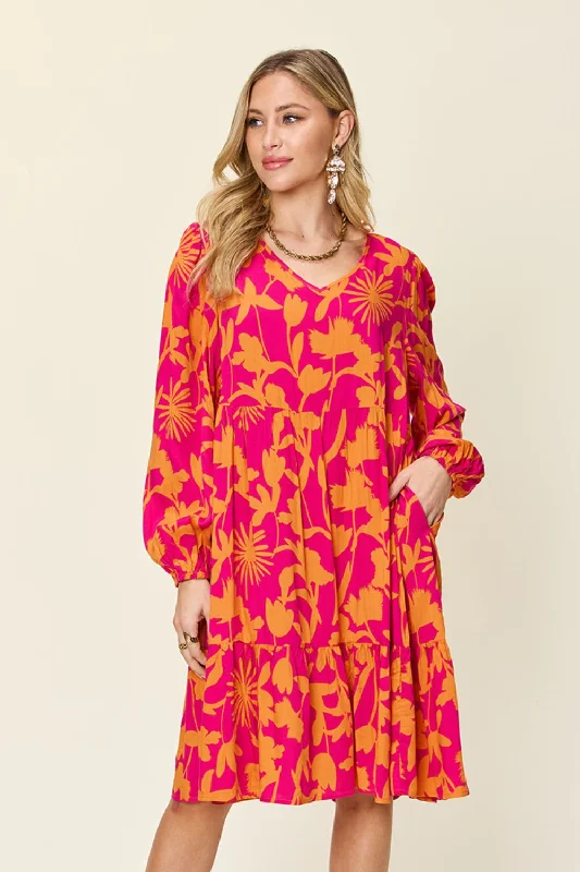 Journee Full Size Printed Ruffle Hem Long Sleeve Dress