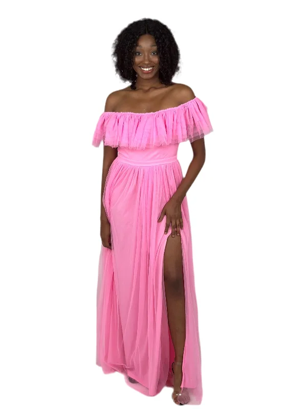 Pink Off Shoulder Ruffle Mesh Maxi Dress