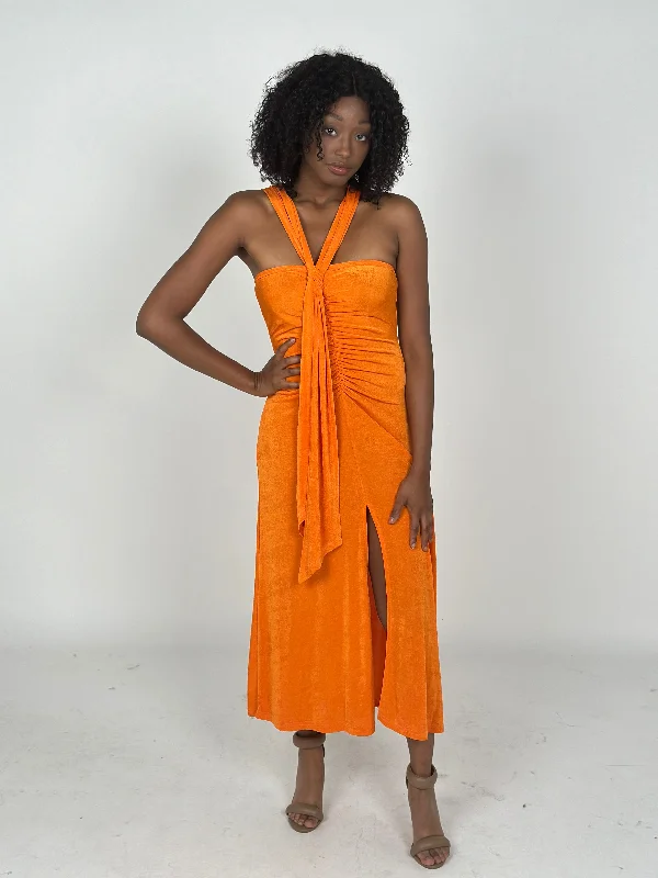 Orange Off Shoulder Sleeveless Midi Dress