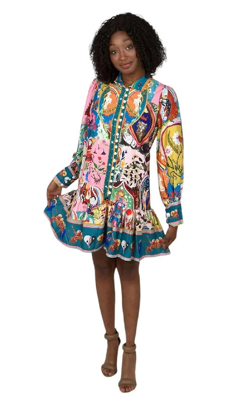 Printed Bell Sleeve Buttoned Midi Dress