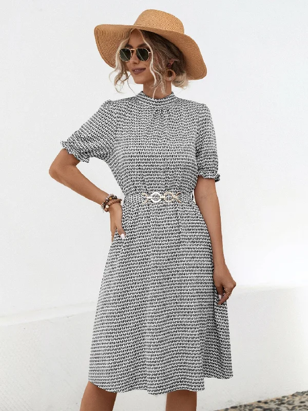 Ingrid Printed Mock Neck Flounce Sleeve Dress