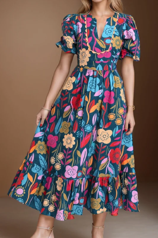 Denton Printed Notched Puff Sleeve Midi Dress