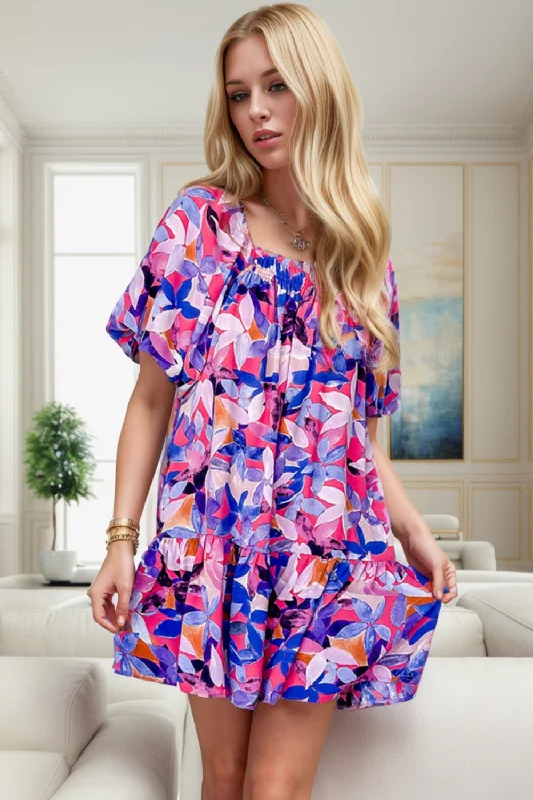 Desmond Printed Square Neck Short Sleeve Mini Dress