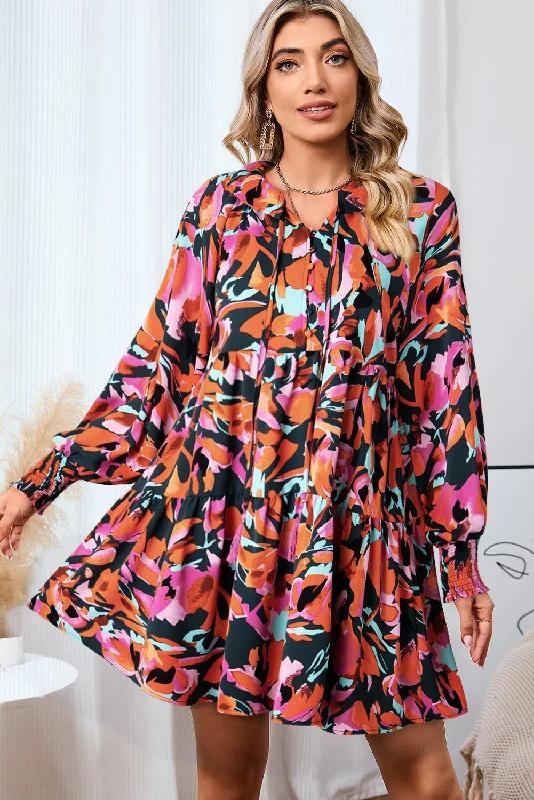 Dellyn Printed Tie Neck Lantern Sleeve Mini Dress