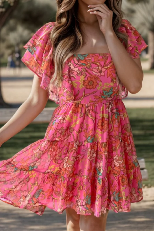 Ariel Ruffled Printed Square Neck Dress