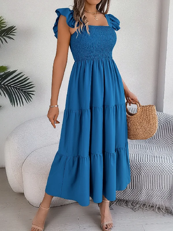 Perry Smocked Square Neck Cap Sleeve Midi Dress