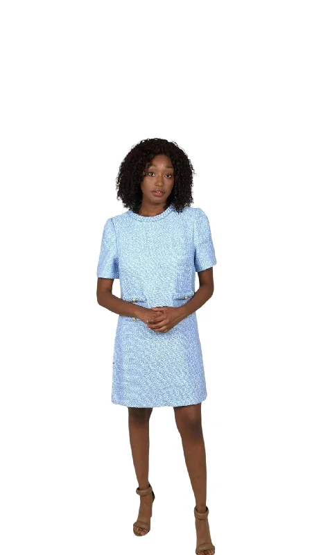 Blue Tweed Double Pocket Mini Dress