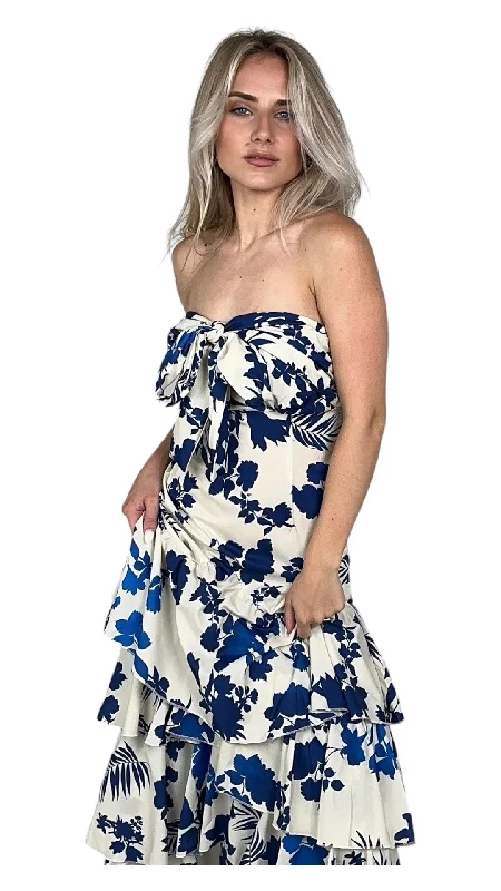 White/Blue Printed Tiered Maxi Dress